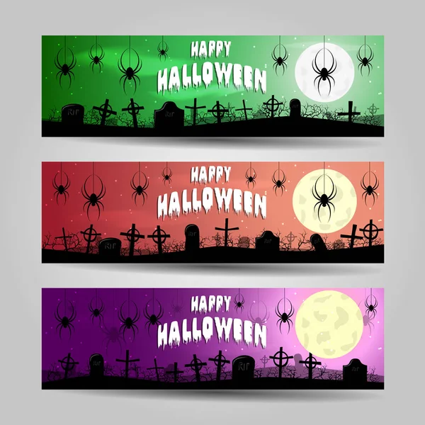 Três banners de Halloween horizontais conjunto vetorial detalhado — Vetor de Stock
