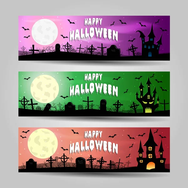Tres pancartas horizontales de Halloween conjunto vectorial detallado — Archivo Imágenes Vectoriales