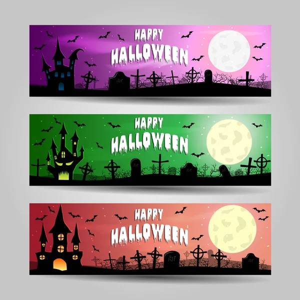 Tres pancartas horizontales de Halloween conjunto vectorial detallado — Archivo Imágenes Vectoriales