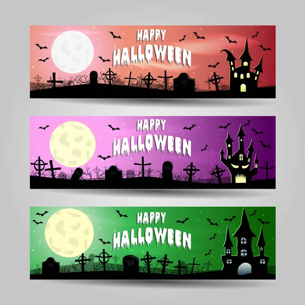 Tres pancartas horizontales de Halloween conjunto vectorial detallado — Archivo Imágenes Vectoriales