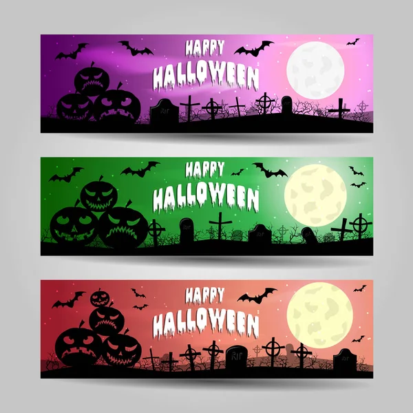 Tres pancartas horizontales de Halloween conjunto vectorial detallado — Archivo Imágenes Vectoriales