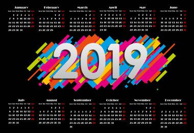 Takvim 2019, hafta başlar Pazar, iş şablon