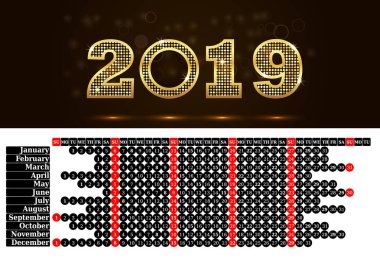 Takvim 2019, hafta başlar Pazar, iş şablon