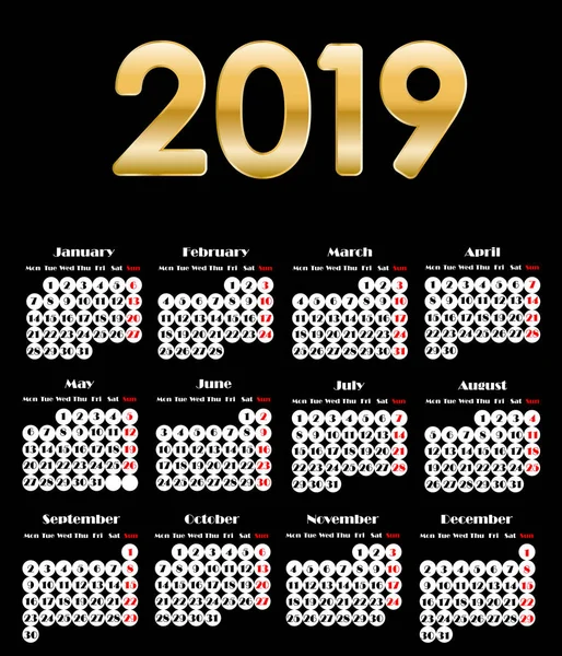 Calendario 2019, Semana comienza el domingo, plantilla de negocio — Archivo Imágenes Vectoriales