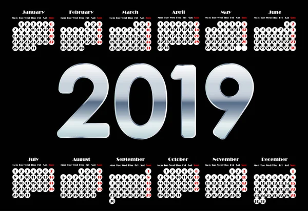 Calendario 2019, Semana comienza el domingo, plantilla de negocio — Vector de stock