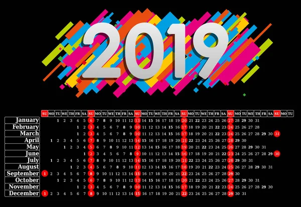 Calendario 2019, Semana comienza el domingo, plantilla de negocio — Vector de stock