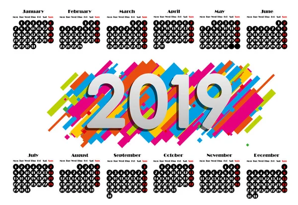 Kalendář 2019, začíná týden od neděle, obchodní šablony — Stockový vektor