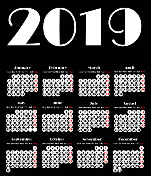 Calendario 2019, Semana comienza el domingo, plantilla de negocio — Archivo Imágenes Vectoriales