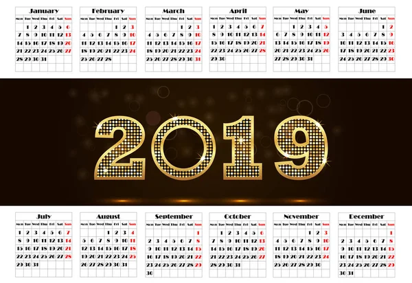 Calendario 2019, Semana comienza el domingo, plantilla de negocio — Archivo Imágenes Vectoriales