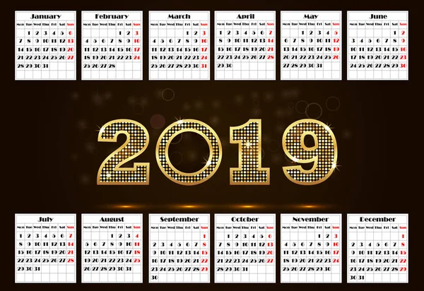 2019, naptári héten indul vasárnap, üzleti sablon — Stock Vector