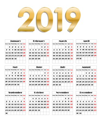 Takvim 2019, hafta başlar Pazar, iş şablon