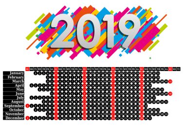 Takvim 2019, hafta başlar Pazar, iş şablon