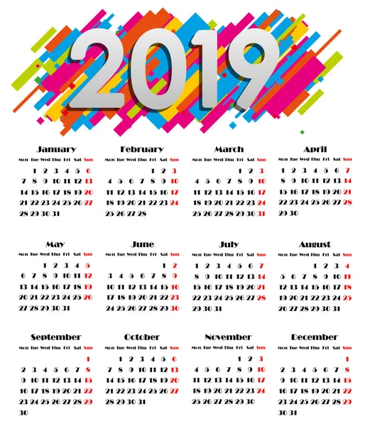 Calendario 2019, Semana comienza el domingo, plantilla de negocio — Vector de stock