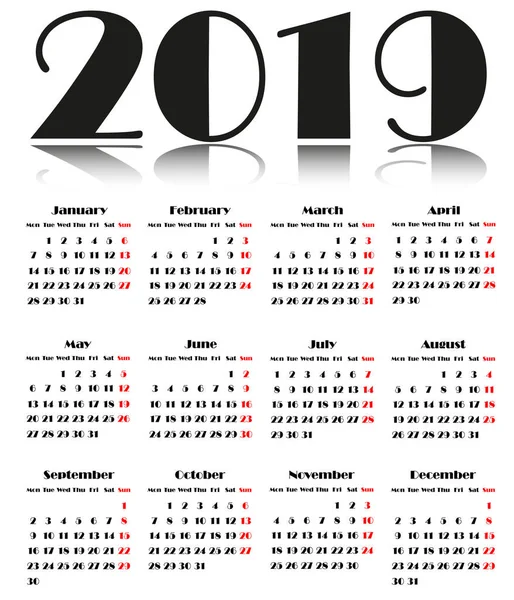 Calendario 2019, Semana comienza el domingo, plantilla de negocio — Vector de stock