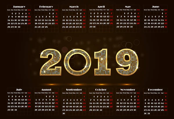 Calendario 2019, Semana comienza el domingo, plantilla de negocio — Vector de stock