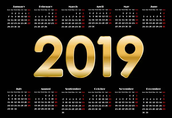 Calendario 2019 Semana Comienza Partir Del Domingo Plantilla Negocio Eps — Archivo Imágenes Vectoriales