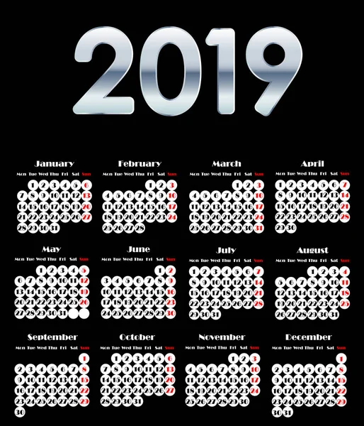 Kalender 2019, Week begint zondag, business sjabloon — Stockvector