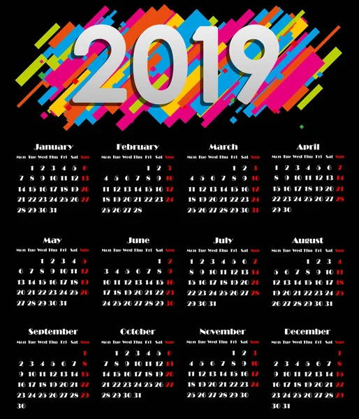 Calendario 2019, Semana comienza el domingo, plantilla de negocio — Vector de stock