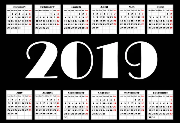 Calendario 2019, Semana comienza el domingo, plantilla de negocio — Archivo Imágenes Vectoriales