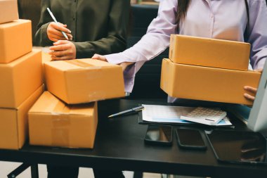 Küçük işletmeler kurma portresi KOBİ sahipleri ve iki Asyalı kadın online siparişleri kontrol ediyor. Ev işlerinde çalışan kutucuklarla çalışan ürünleri satıyorlar.