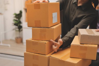 Küçük işletmeler kurma portresi KOBİ sahipleri ve iki Asyalı kadın online siparişleri kontrol ediyor. Ev işlerinde çalışan kutucuklarla çalışan ürünleri satıyorlar.