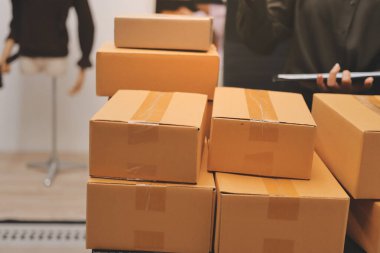 Küçük işletmeler kurma portresi KOBİ sahipleri ve iki Asyalı kadın online siparişleri kontrol ediyor. Ev işlerinde çalışan kutucuklarla çalışan ürünleri satıyorlar.