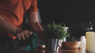 Önlüklü genç ev hanımı evdeki mutfağı temizliyor.