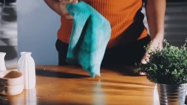 woman washing hands with a sponge in the kitchen