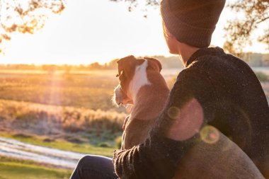Bir köpek güzel doğada günbatımında sarılma. Akşam güneşin bakan kadın ile onun evde beslenen hayvan yanında oturur ve doğanın güzelliği sever