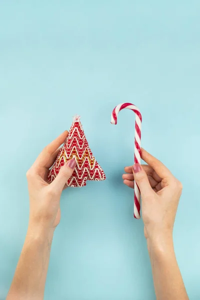 Christmas symbols in hands. Female hands holding a figure of fur tree and candy on pale blue background