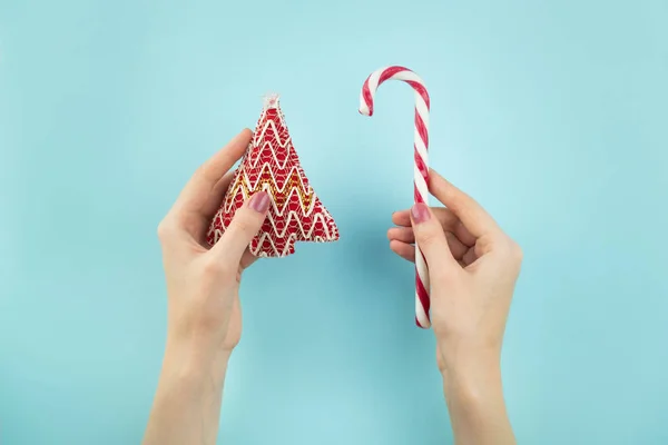 Christmas symbols in hands. Female hands holding a figure of fur tree and candy on pale blue background