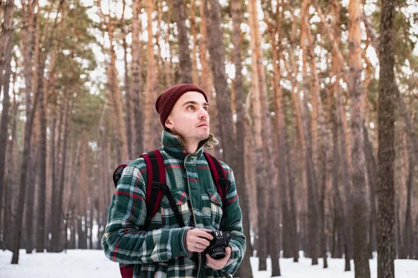Hiking Male Person Winter Forest Taking Photographs Man Checkered Winter — Stock Photo, Image