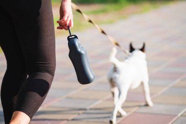 Şehirde evcil hayvanlarla, aksesuarlarla, köpeklerle aktif bir yaşam tarzı. Kadın elinde içki şişesi, arka planda köpek yürüyüşü.