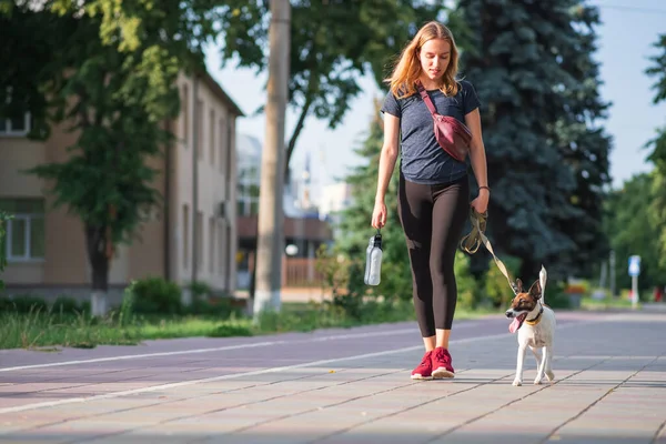 Seorang Wanita Berjalan Dengan Anjingnya Latar Belakang Perkotaan Memiliki Hewan — Stok Foto