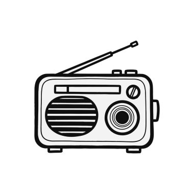 Uzatılabilir bir anten ve dairesel bir hoparlörün yer aldığı klasik bir radyonun elle çizilmiş basit bir çizimi. Retro ya da teknoloji temaları için mükemmel.