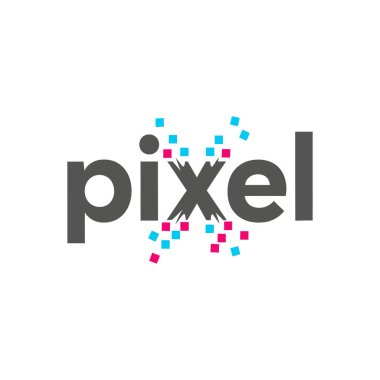 Dijital sanat ve teknolojiyi temsil eden, küçük renkli kareler dizisi tarafından oluşturulan 'x' ile 'piksel' kelimesinin yer aldığı modern bir piksel logosu.
