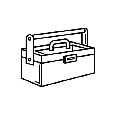 Klasik bir alet çantasının beyaz bir arkaplanda izole edilmiş basit bir siyah çizgisi. Bu minimalist simge araçları, tamir ve işçiliği temsil eder.