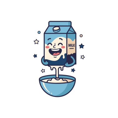 Etrafında yıldızlar olan mısır gevreğine süt döken mutlu bir süt kutusu.