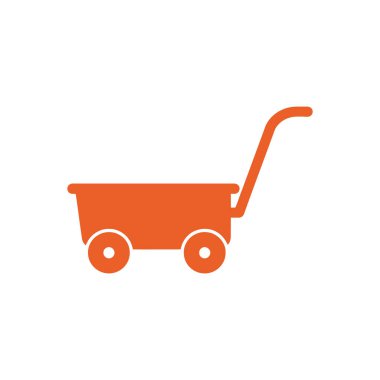 Dört tekerleği ve sapı olan turuncu oyuncak bir arabanın basit bir çizimi..