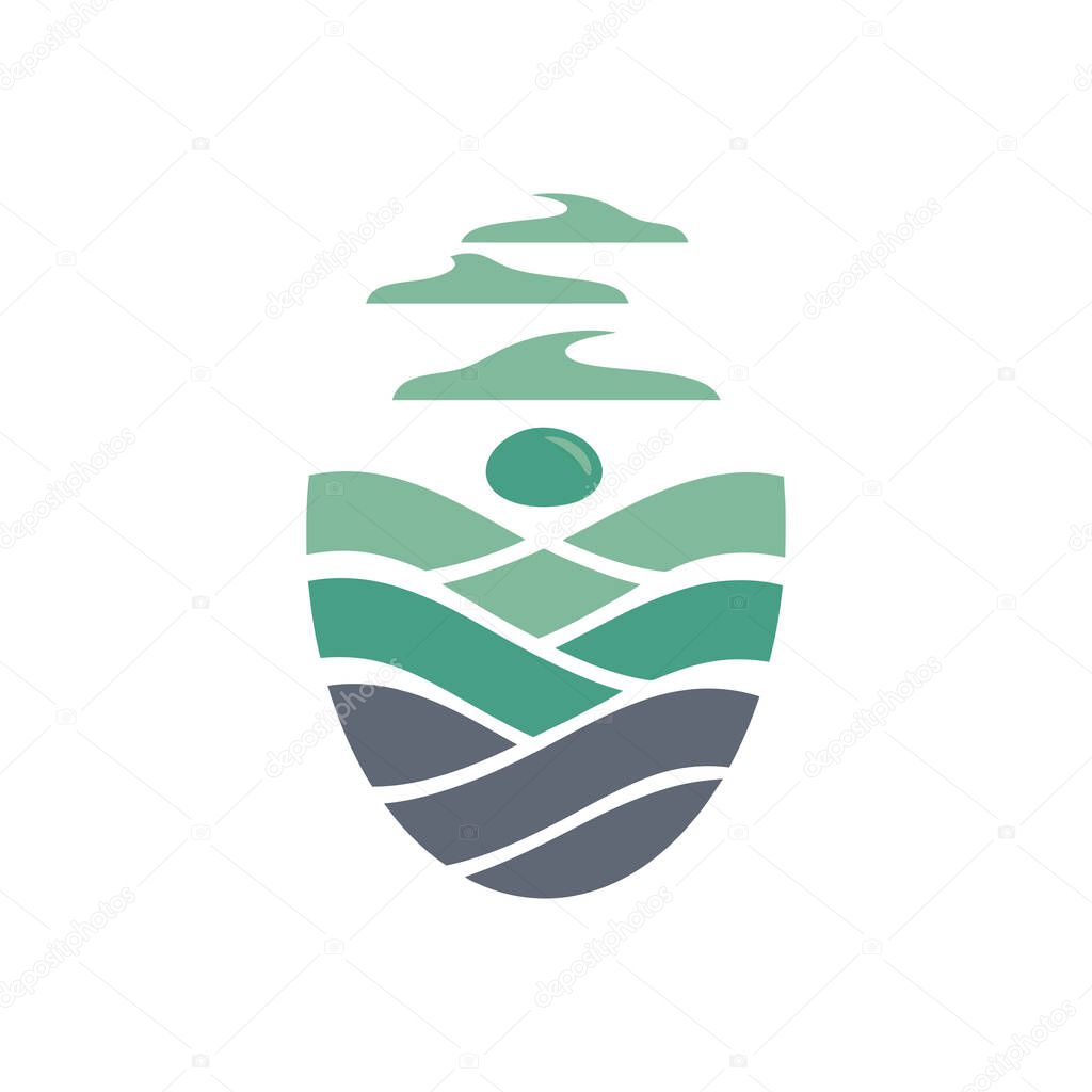 An abstract illustration featuring rolling hills, a sun, and clouds, rendered in a stylized, layered design with a harmonious color palette.