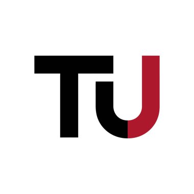 T ve U harflerini içeren minimalist bir logo tasarımı. Tasarım, kurumsal markalaşma için uygun, beyaz arka planda siyah ve kırmızı renk paleti ile basit bir sans-serif yazı tipi kullanır..