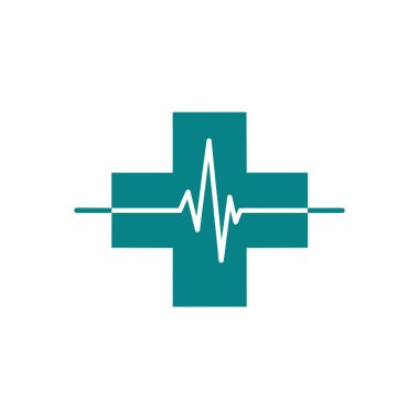 Merkezi boyunca uzanan, sağlık ve bakımı sembolize eden, beyaz kalp atışı çizgisi olan bir deniz mavisi sağlık haçı..