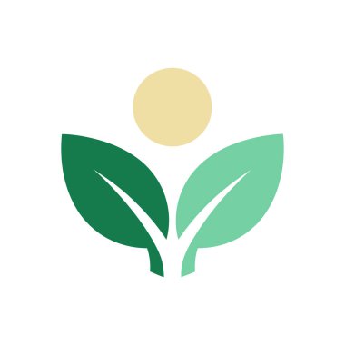Büyümeyi, refahı ve doğayı temsil eden soyut logo, iki yeşil yaprak ve sarı bir güneşin beyaz arka planda bir insan figürü oluşturduğu.