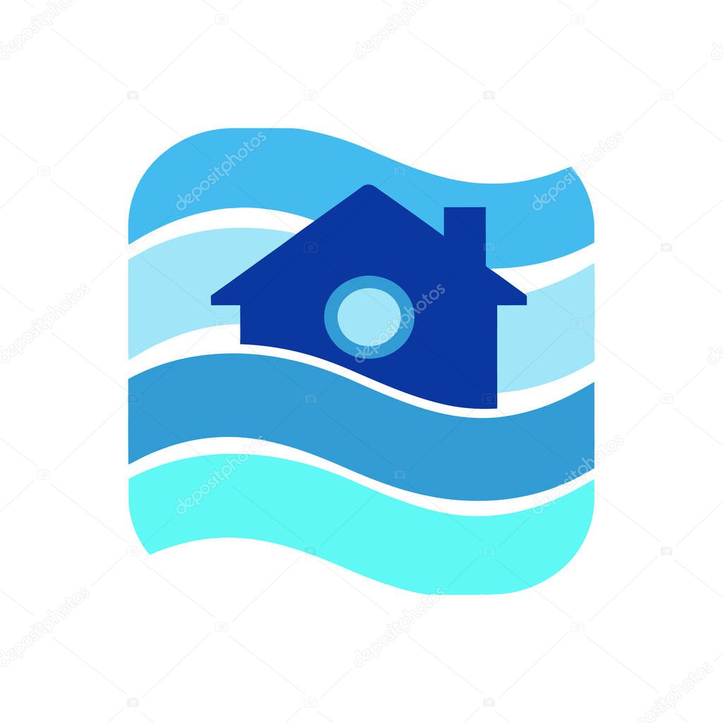 A stylized blue house with a circular window is centered on a background of various shades of blue wavy lines, creating a modern and clean logo design.
