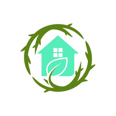 Dikenli dallardan oluşan dairesel bir çerçevenin içinde yeşil bir ev içeren bir logo tasarımı sürdürülebilir ve çevre dostu yaşamı sembolize ediyor..