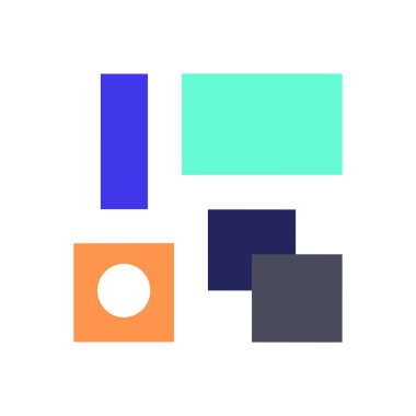 Renkli geometrik şekillerin, dikdörtgenler ve kareler de dahil olmak üzere minimalist bir bileşimi, beyaz bir arkaplanda modern ve soyut bir tasarım oluşturur..