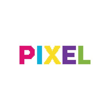 'PIXEL' kelimesini dijital grafikler ve yaratıcı projeler için uygun, çeşitli parlak renklerde gösteren canlı bir piksel tasarımı.