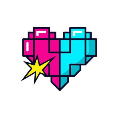 Pikselleştirilmiş kalp grafiği, pembe ve mavi ikiye bölünmüş, sarı yıldız patlaması etkisi, retro oyun estetiğini anımsatıyor..