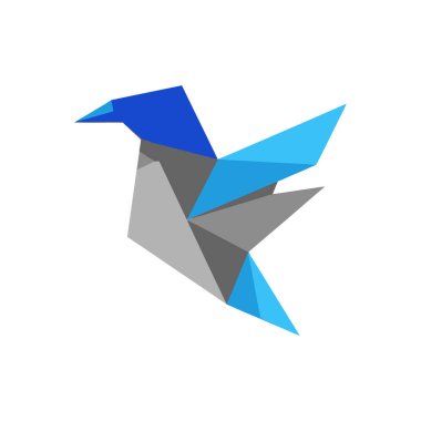 Mavi ve gri origami kuşunun resmi, katlanmış kağıt sanatı sergiliyor.