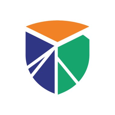 Mavi yeşil ve turuncu geometrik şekillere sahip parçalı bir dizayn içeren modern ve soyut bir kalkan simgesi beyaz arka planda izole edilmiş..